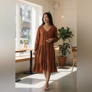 DownEast Warm Brown Long Sleeve Dress